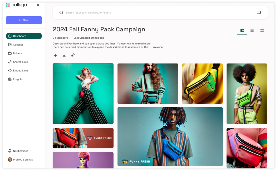 Collage of various stylized fanny pack fashion images on a digital dashboard.