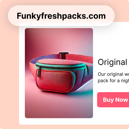A red and teal fanny pack against a gradient background with text and a "Buy Now" button.