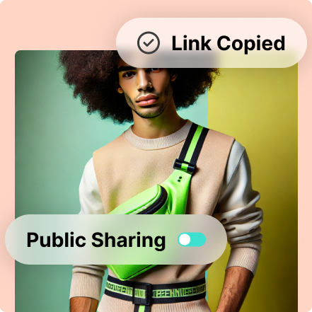 Person in a sweatshirt carrying a green sling bag with text overlay "Link Copied" and "Public Sharing".